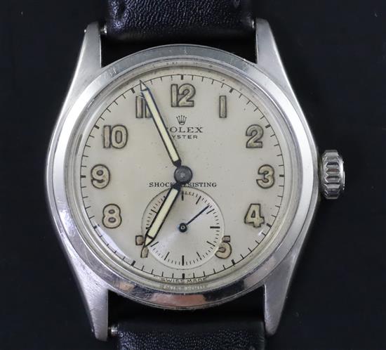 A gentlemans 1940s stainless steel Rolex Oyster shock-resisting manual wind wrist watch,